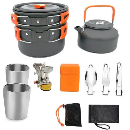 Kit ollas y vajilla de camping 🏕️ 9 artículos estufa plegable cubiertos senderismo pesca montaña