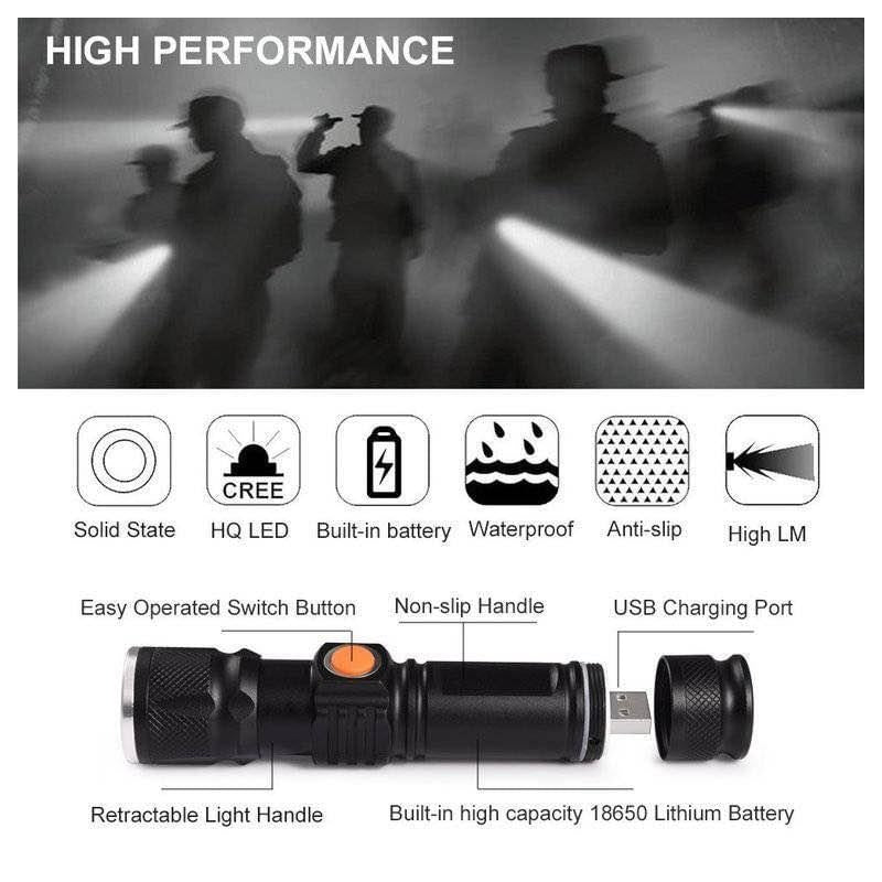 Linterna Táctica Recargable usb potente impermeable camping seguridad noche