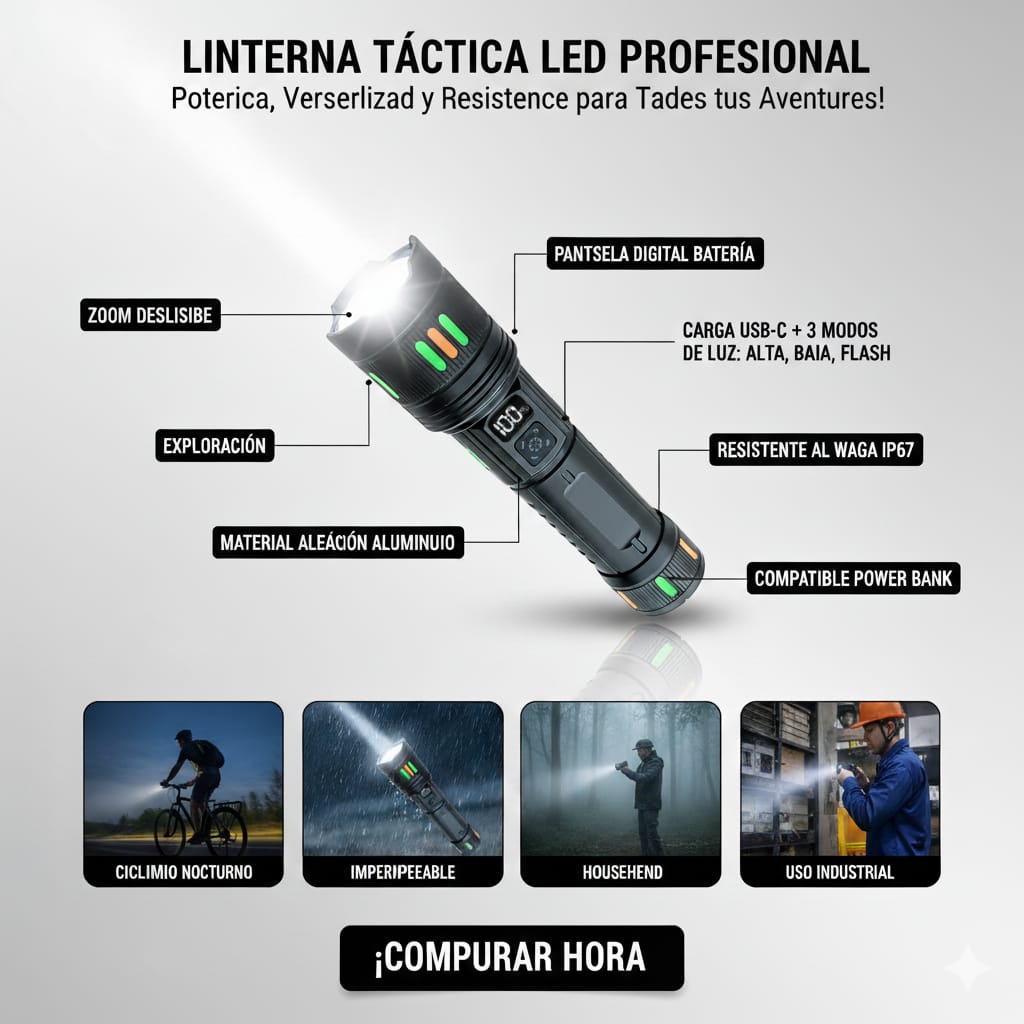 Linterna Táctica LED Profesional Multifuncional Impermeable Recargable Zoom Camping Noche Oscuridad