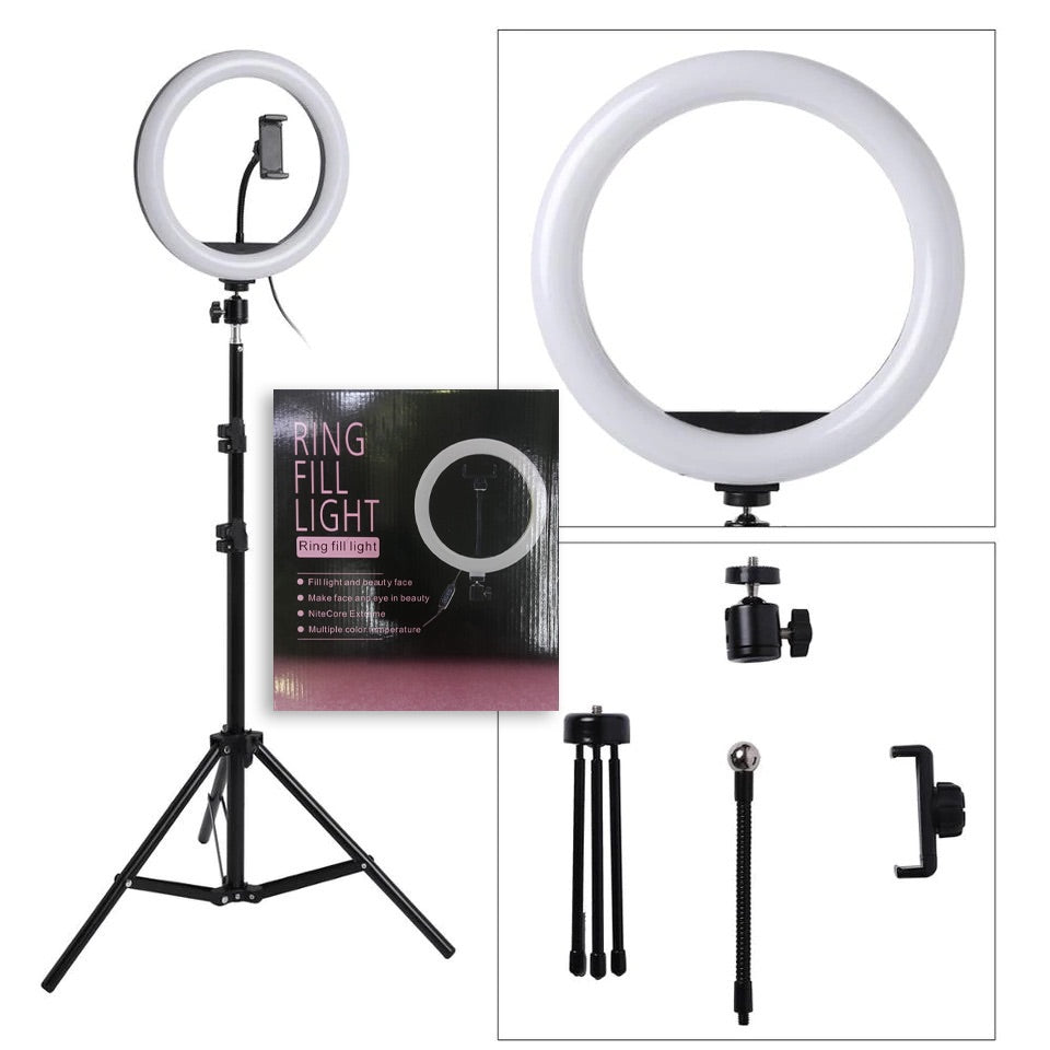 Aro de luz 3 tonos + tripod ajustable + ring selfie TikTok videos fotos influencer estudio grabación