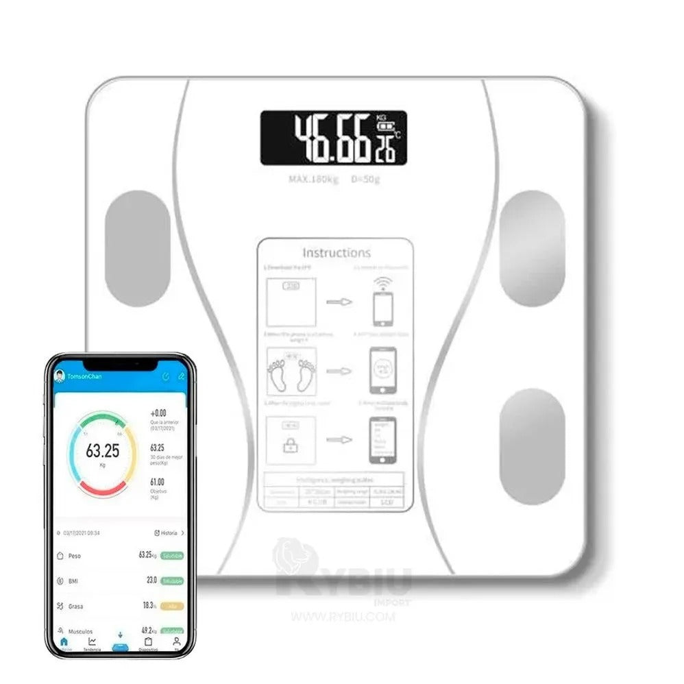 BALANZA BASCULA DIGITAL SMART BLUETOOTH APP CONTROL PESO FITNESS GYM BAÑO CONSULTORIO TRABAJO