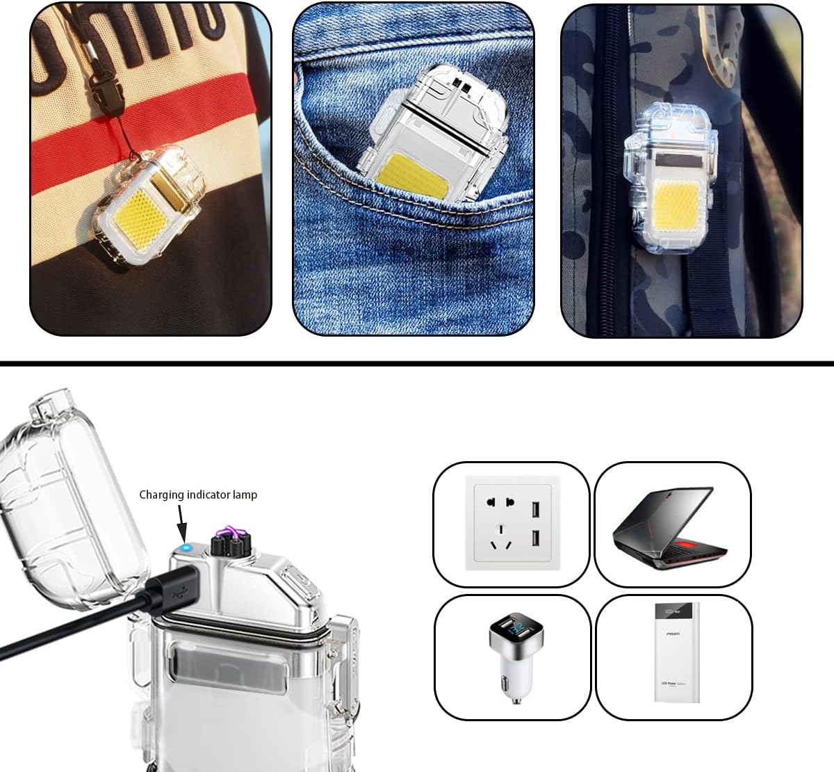 Linterna Encendedor Recargable USB Llavero Tactico Luz LED Impermeable Camping Senderismo Viajes