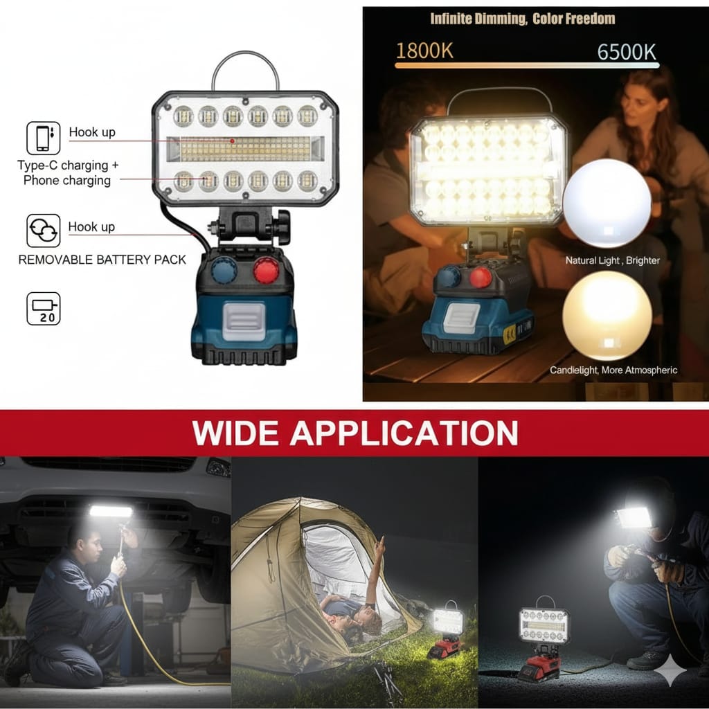 Lámpara Reflector Luz Foco LED Inalámbrica Trabajo Iluminación 2900LM Fuente de Carga C USB  18w