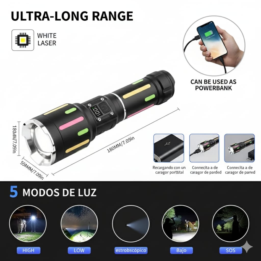 Linterna Táctica LED Profesional Multifuncional Impermeable Recargable Zoom Camping Noche Oscuridad