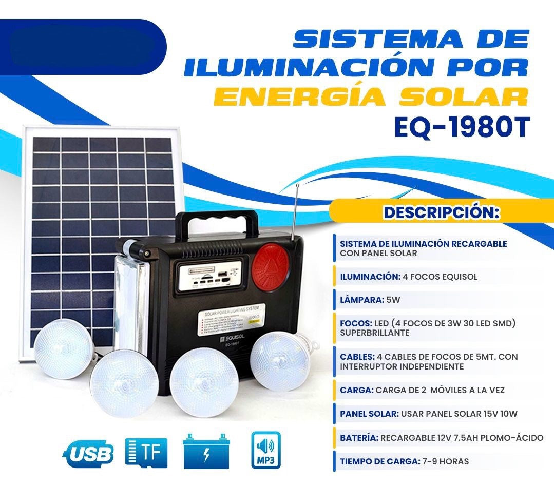 Sistema de iluminación por energía solar con 4 focos / Radio / power banck / linterna / Apagones