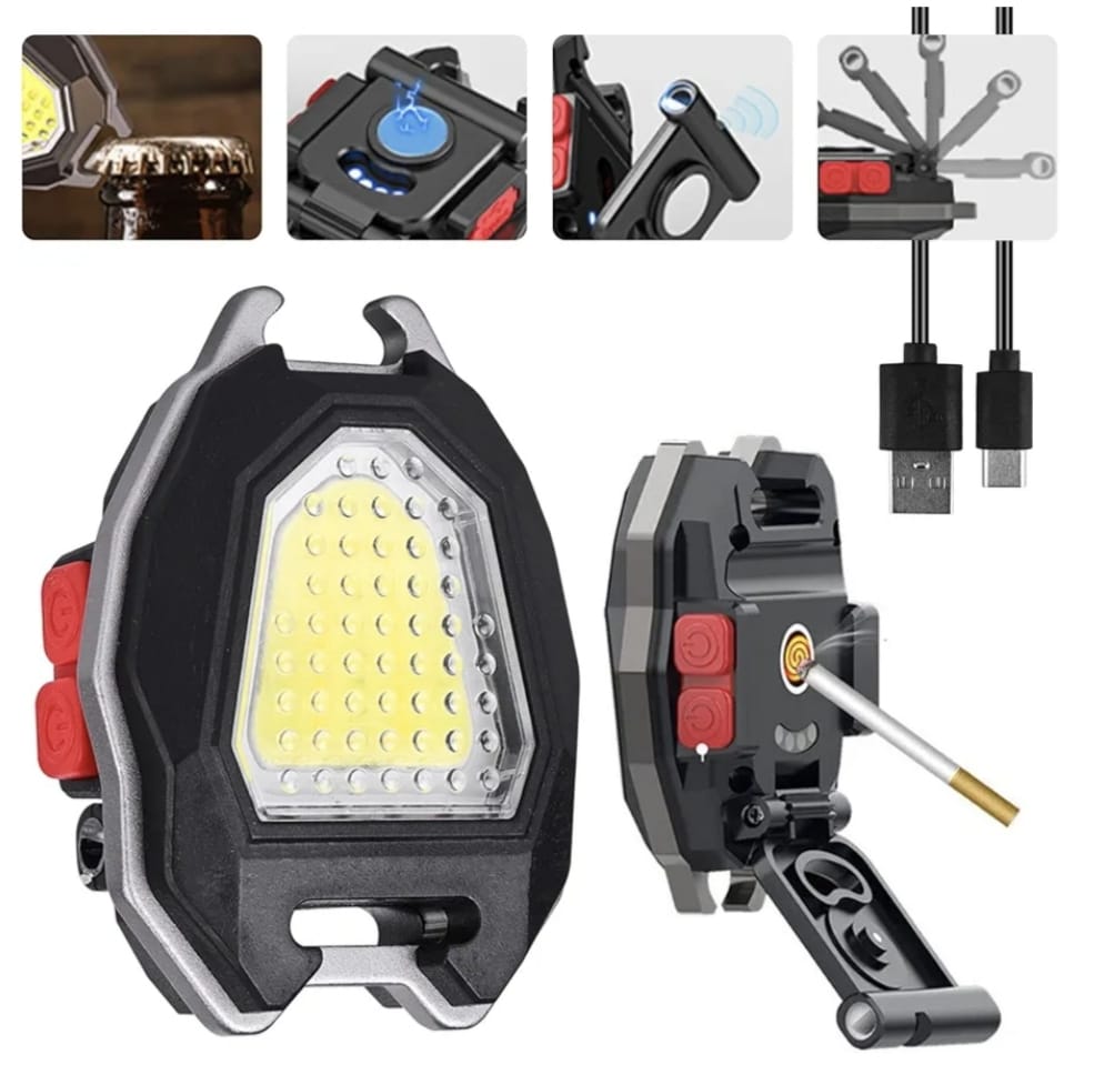 Llavero táctico multifuncional recargable magnético plegable linterna+descorchador+encendedor