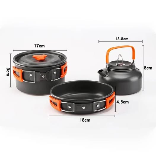 Kit ollas y vajilla de camping 🏕️ 9 artículos estufa plegable cubiertos senderismo pesca montaña