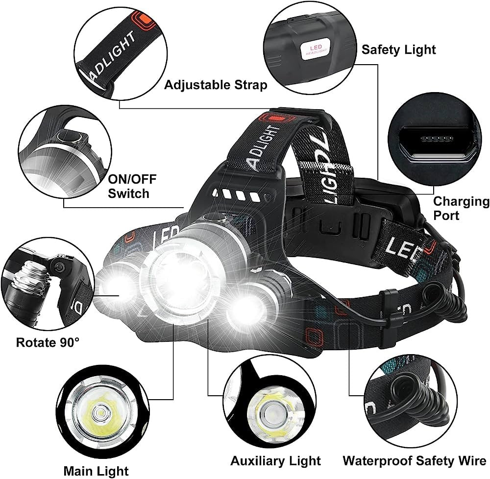 Linterna táctica 3 cañones impermeable recargable 4 modos noche oscuridad camping viaje bici trabajo