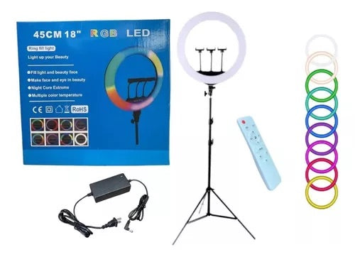 Aro de luz gigante RGB 18” control y pedestal para 3 celulares TikTok videos fotos estudio grabación