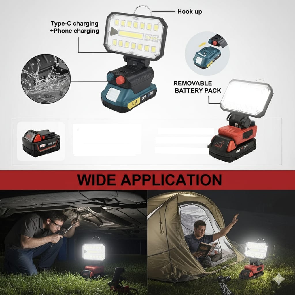 Lámpara Reflector Luz Foco LED Inalámbrica Trabajo Iluminación 2900LM Fuente de Carga C USB  18w