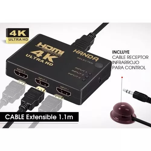 Switch Multiplicador Extension Hdmi 4k Control Remoto Xbox PS Laptop PC 3 Puertos Adaptador TV DJ