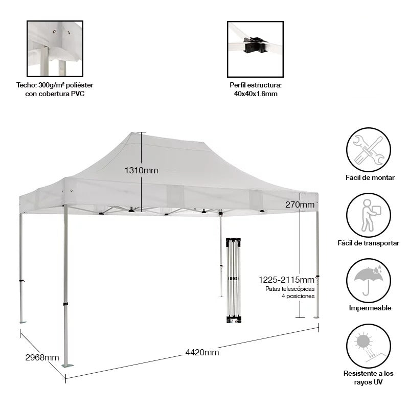 CARPA PLEGABLE 3X4.5m ACORDEÓN CON ESTRUCTURA REFORZADA IMPERMEABLE INVIERNO/LLUVIA/SOL/PATIO/AUTO