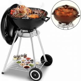 Parrilla Portable de Carbón Redonda 18" Con Ruedas Acero Inoxidable para Barbacoa Picnic Asados