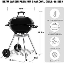 Parrilla Portable de Carbón Redonda 18" Con Ruedas Acero Inoxidable para Barbacoa Picnic Asados