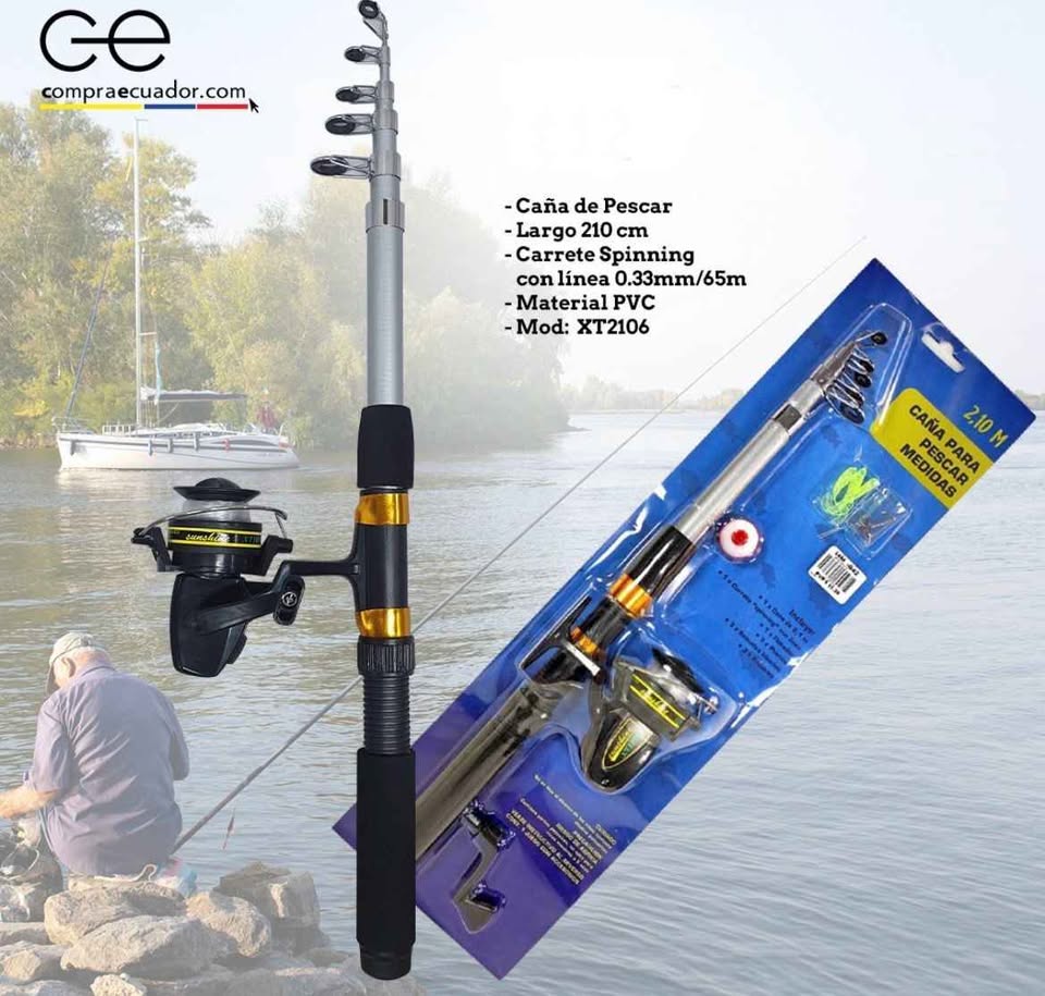 Caña de Pescar 210cm + Carrete+Plomo+Anzuelos+Señuelo Kit de Pesca Camping Senderismo