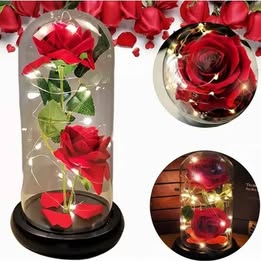 Flor Rosa Roja  Eterna con Luz LED y Cúpula Romántica Amor Regalo San Valentín Novios Aniversario