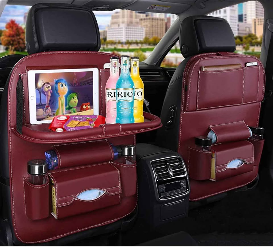 Organizador de Asiento para Coche Auto Carro Camioneta de Cuero Vino con Bandeja de Mesa Plegable