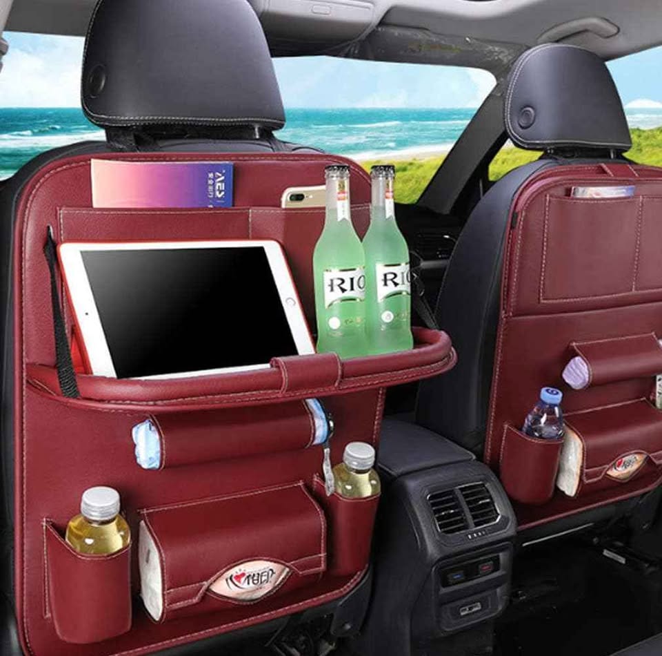 Organizador de Asiento para Coche Auto Carro Camioneta de Cuero Vino con Bandeja de Mesa Plegable