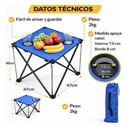 Mesa Plegable Portátil Con Porta Vasos Camping Picnic Senderismo Armado Automático Viaje
