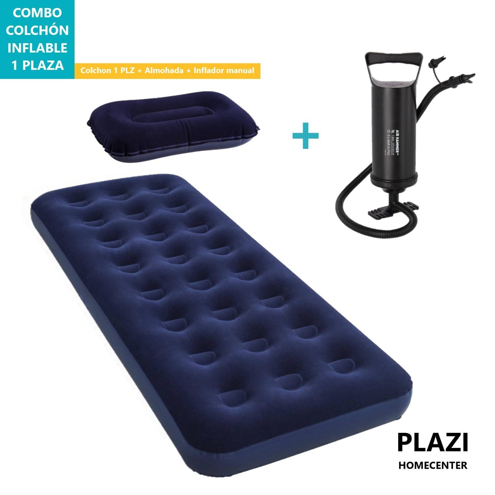Colchón inflable 1 plaza + inflador + almohada Bestway Camping Aire libre Senderismo Viaje 188X76CM$29
