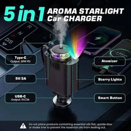 Cargador de Auto Carro Multifunción LED Starlight Aromatizante Ambiental CargaRapida USB V8 TipoC