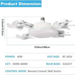 Ventilador de Techo con Luz LED Silencioso, 3 Velocidades y Aspas Retráctiles con Control Remoto