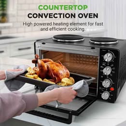 Horno Cocineta Eléctrico Multiuso 3en1  Dos Hornillas Platos Cap. 35 Litros Acero Inoxidable 1400w