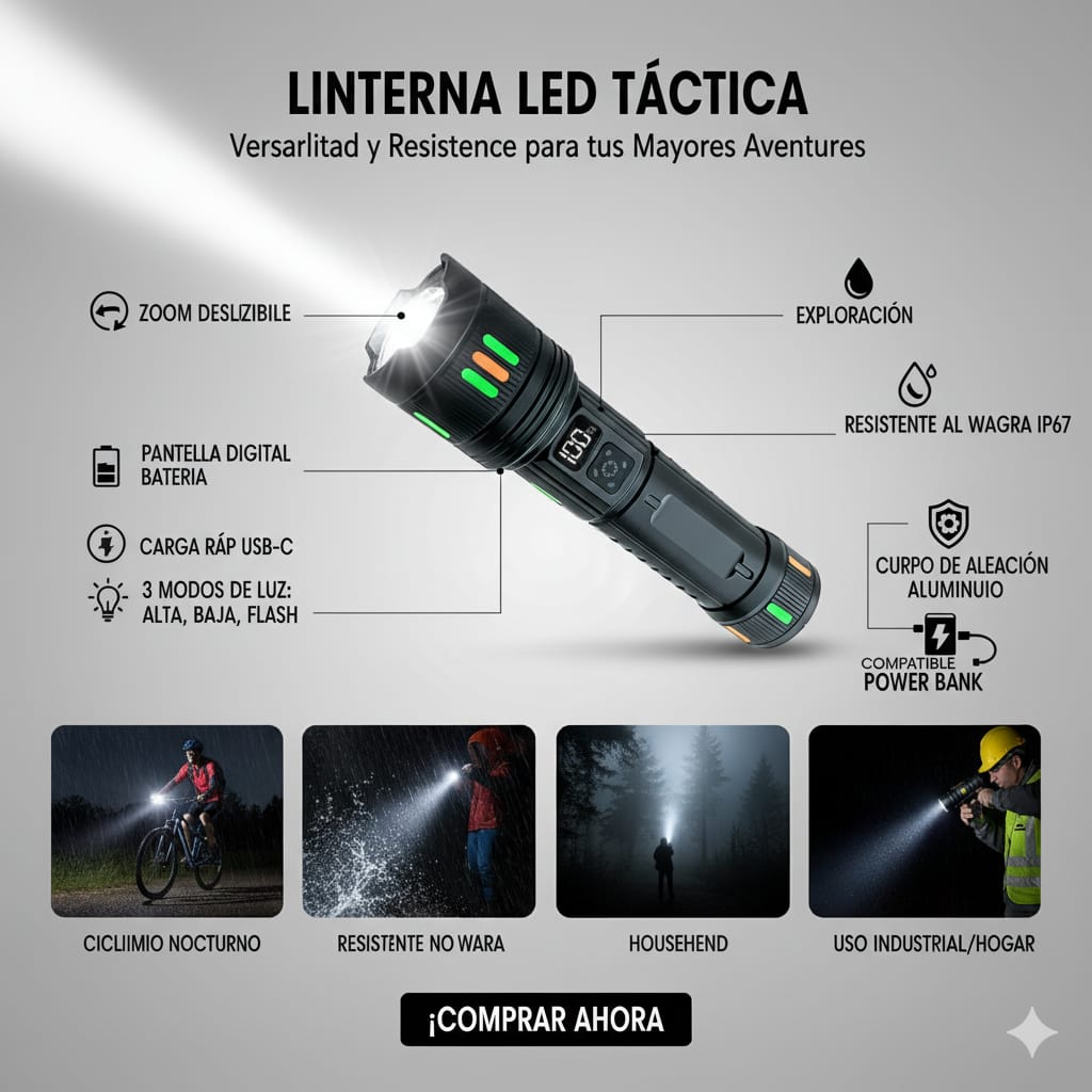 Linterna Táctica LED Profesional Multifuncional Impermeable Recargable Zoom Camping Noche Oscuridad