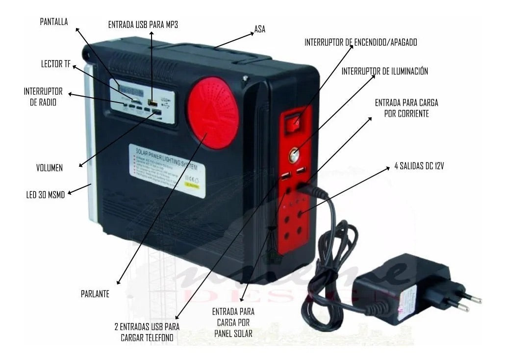 Sistema de iluminación por energía solar con 4 focos / Radio / power banck / linterna / Apagones