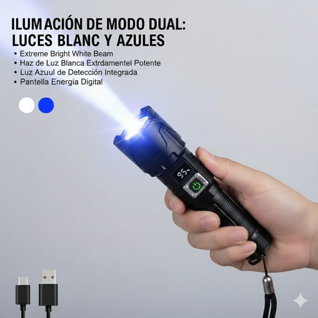 Linterna Táctica Luz LED Blanca/Azul  Recargable USB Multiuso Varios Modos Cámping Noche Oscuridad