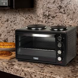 Horno Cocineta Eléctrico Multiuso 3en1  Dos Hornillas Platos Cap. 35 Litros Acero Inoxidable 1400w