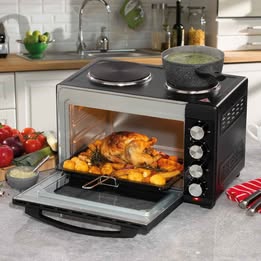 Horno Cocineta Eléctrico Multiuso 3en1  Dos Hornillas Platos Cap. 35 Litros Acero Inoxidable 1400w