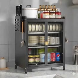 Mueble Organizador de Cocina Metálico  Estante 3 Niveles con Puerta Contra Polvo Platos Vajilla