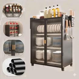 Mueble Organizador de Cocina Metálico  Estante 3 Niveles con Puerta Contra Polvo Platos Vajilla