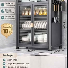 Mueble Organizador de Cocina Metálico  Estante 3 Niveles con Puerta Contra Polvo Platos Vajilla