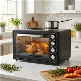 Horno Cocineta Eléctrico Multiuso 3en1  Dos Hornillas Platos Cap. 35 Litros Acero Inoxidable 1400w