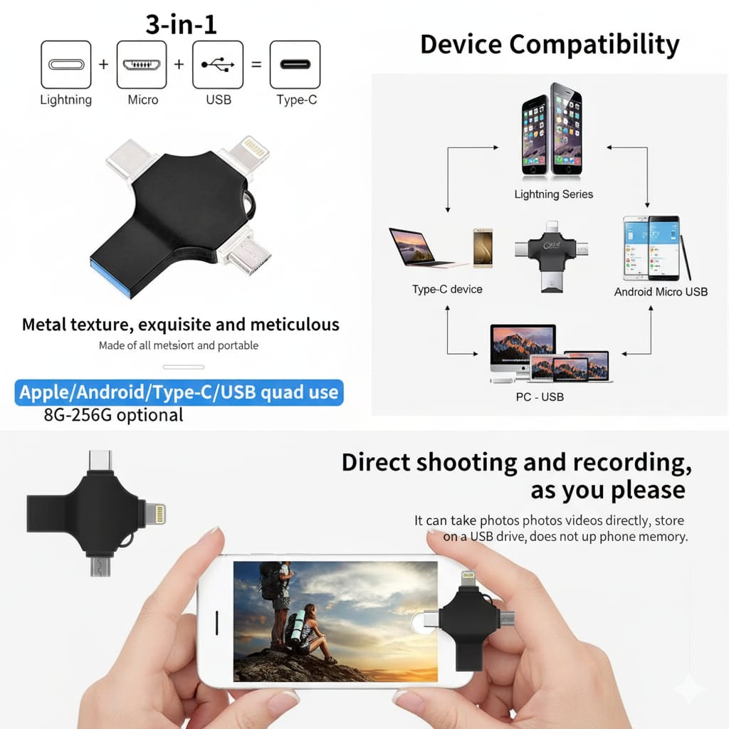 OTG Adaptador Flash 4en1 USB Tipo C V8 Celular Tablet Laptop PC