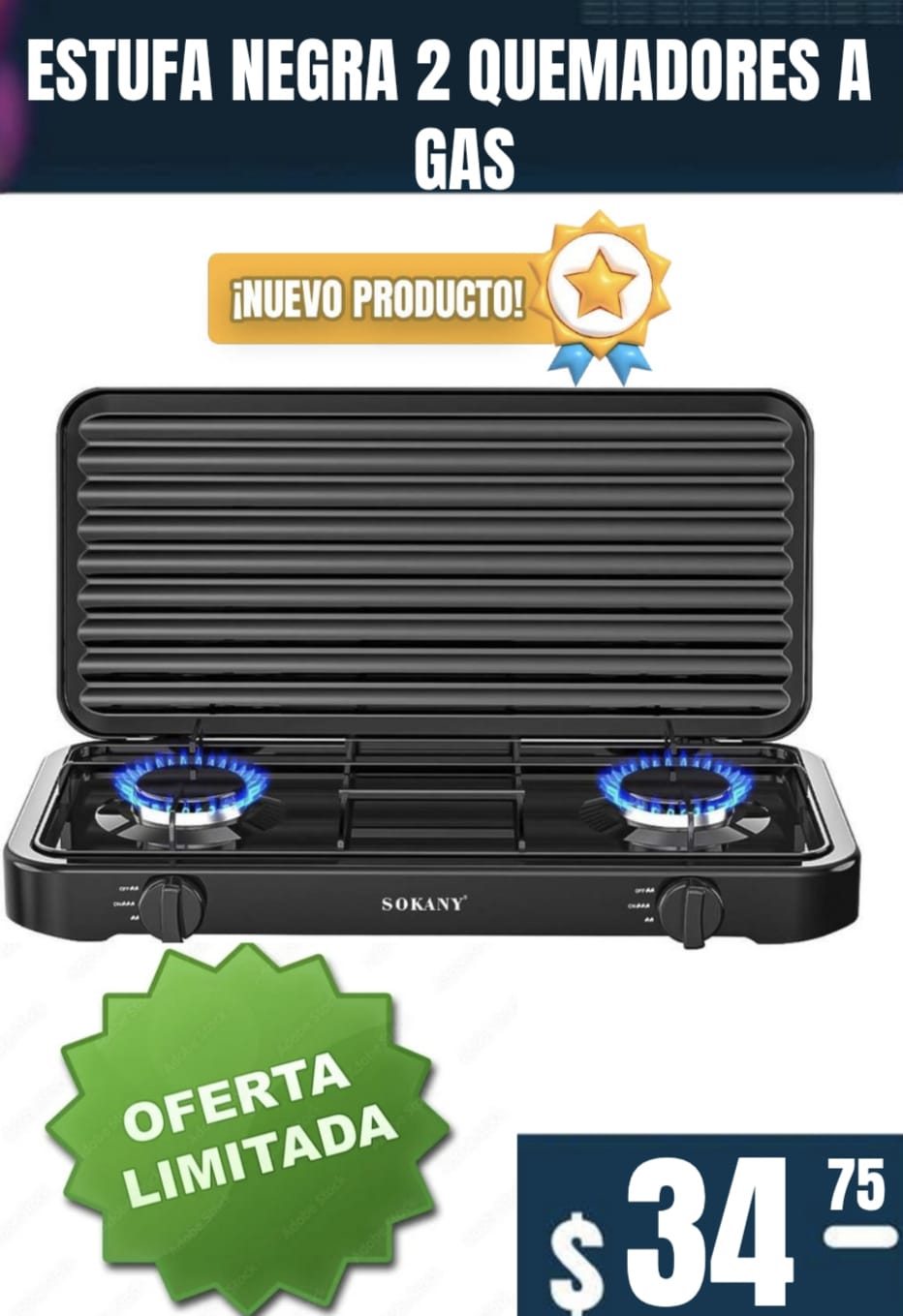 COCINA ESTUFA NEGRA 2 QUEMADORES A GAS  NUEVO MODELO OFERTA LIMITADA