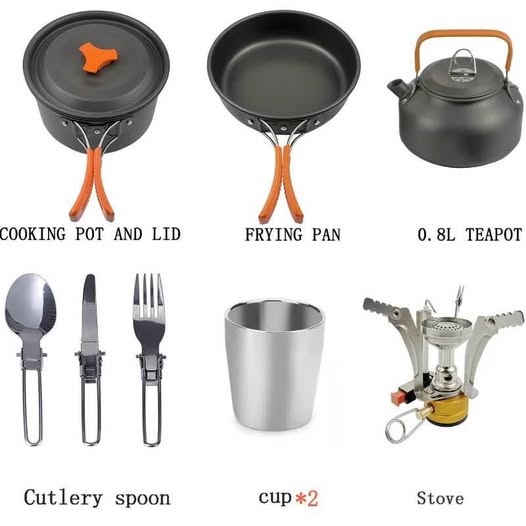 Kit ollas y vajilla de camping 🏕️ 9 artículos estufa plegable cubiertos senderismo pesca montaña