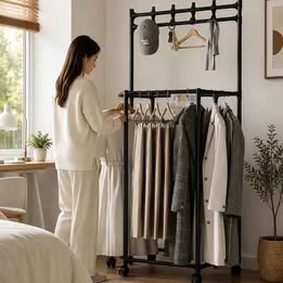 Organizador de Ropa Metálico Ropero con Ruedas Portable Giratorio Colgador con Ganchos