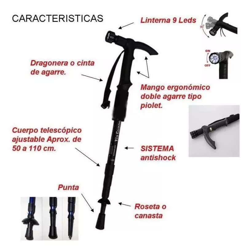 Bastón de Trekking Senderismo Regulable Caminata con Linterna Led Camping Montaña