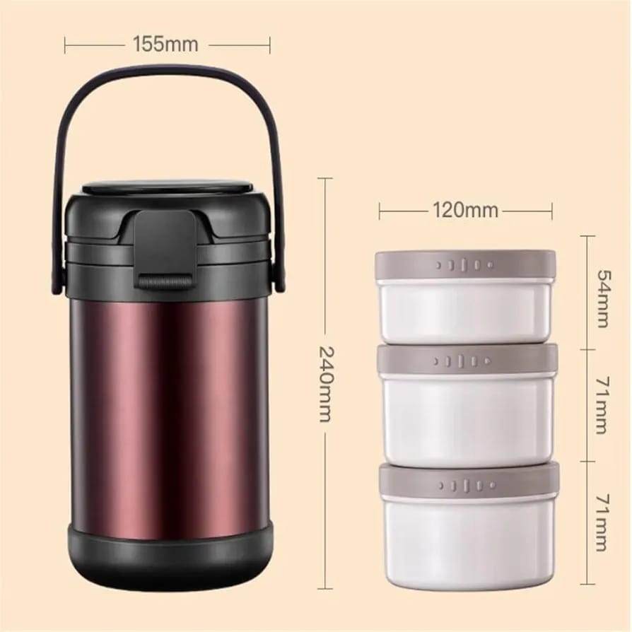 Lonchera portátil multicapa larga duración  2,7 L cap. con estuche de aluminio  acero inoxidable