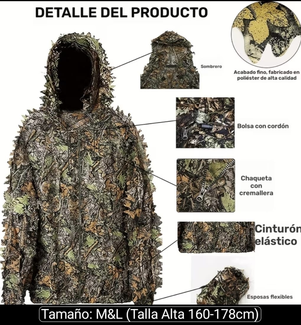 Traje Camuflaje Ligero 3D con Hojas Entrenamiento  Aire Libre Fotografía Caza Camping Pesca Senderis