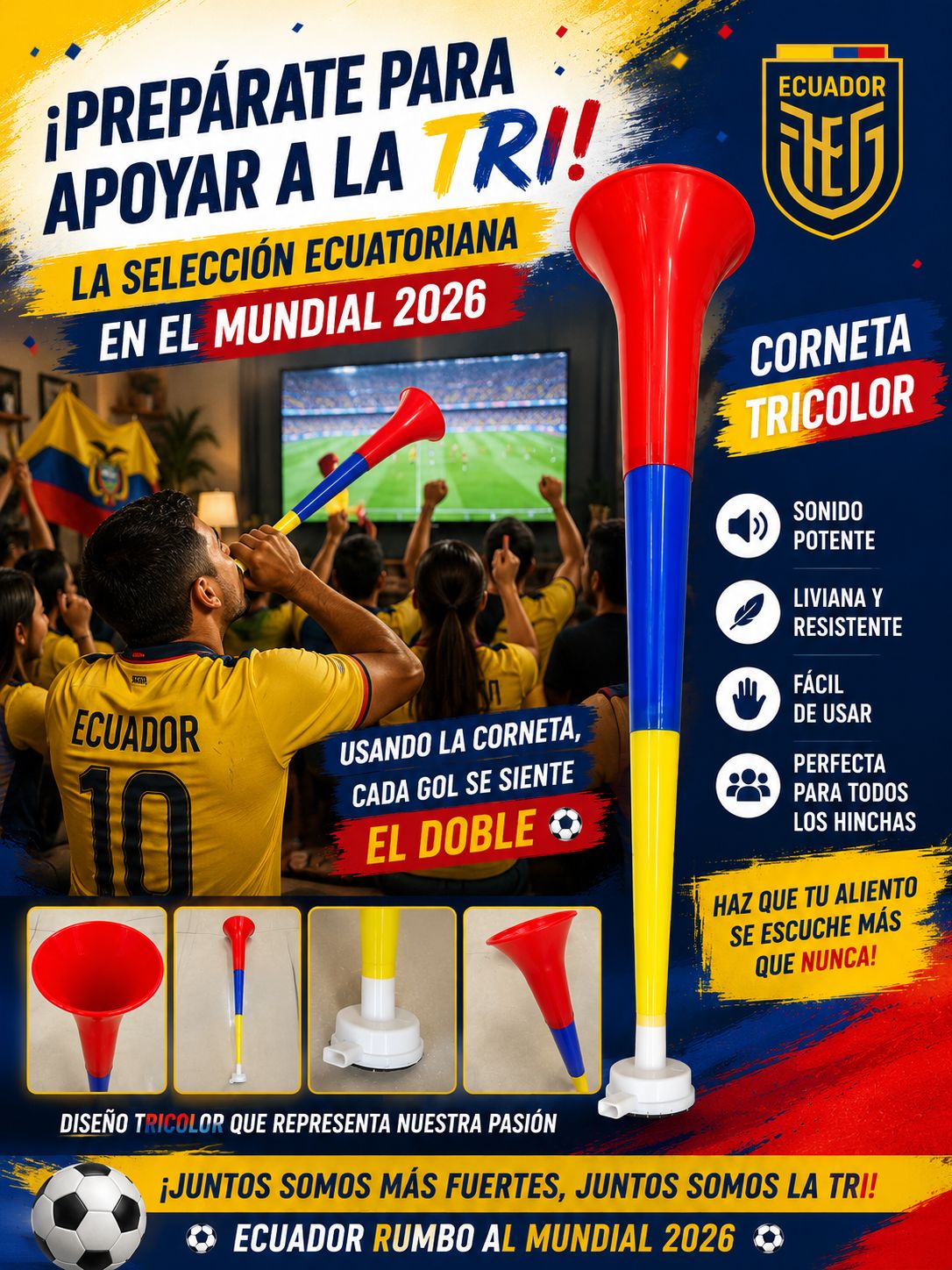 Corneta Trompeta para la Tricolor Ecuador Copa Mundial 2026 de Fútbol 60cm Album Panini Inchada