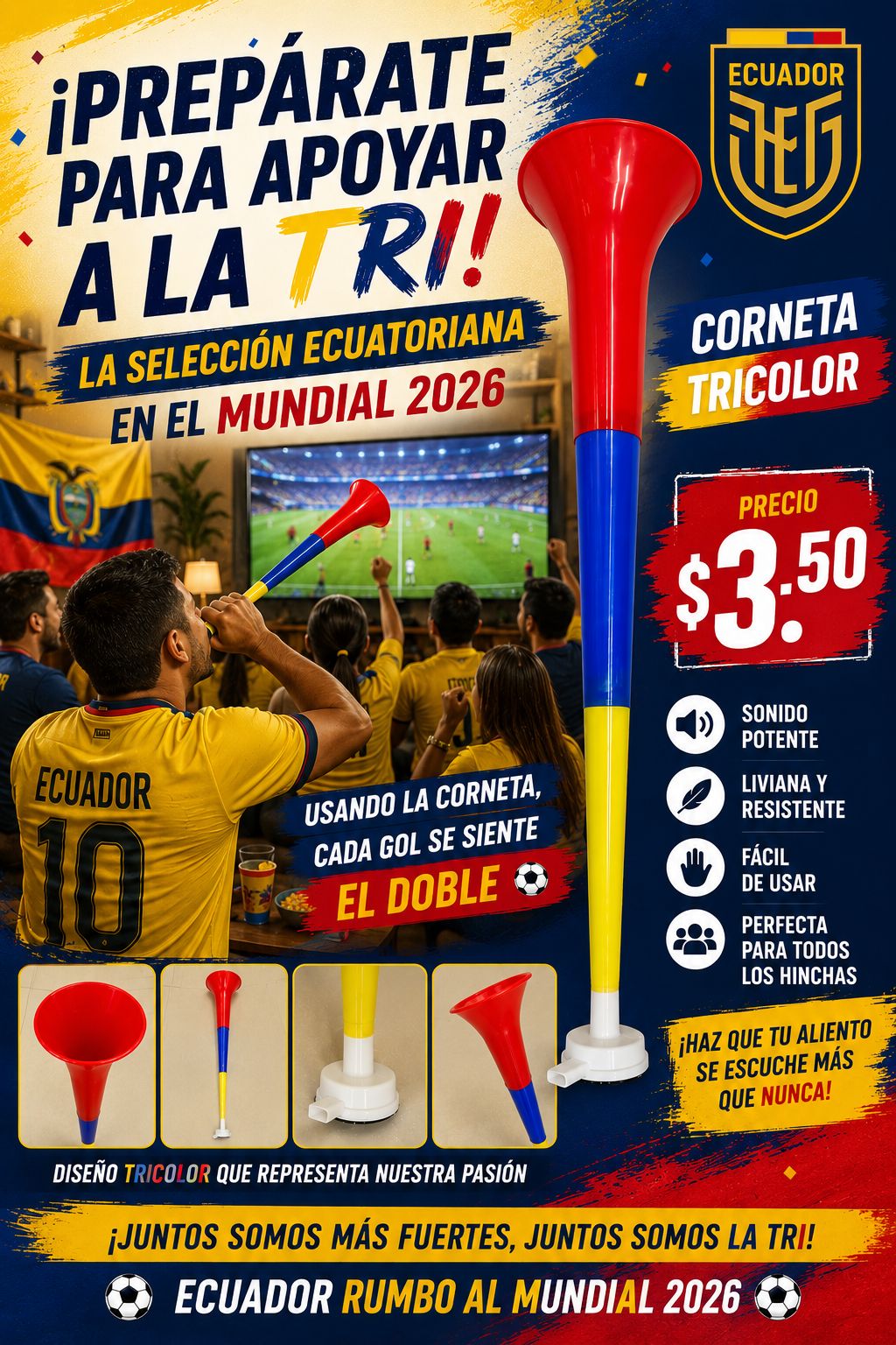 Corneta Trompeta para la Tricolor Ecuador Copa Mundial 2026 de Fútbol 60cm Album Panini Inchada