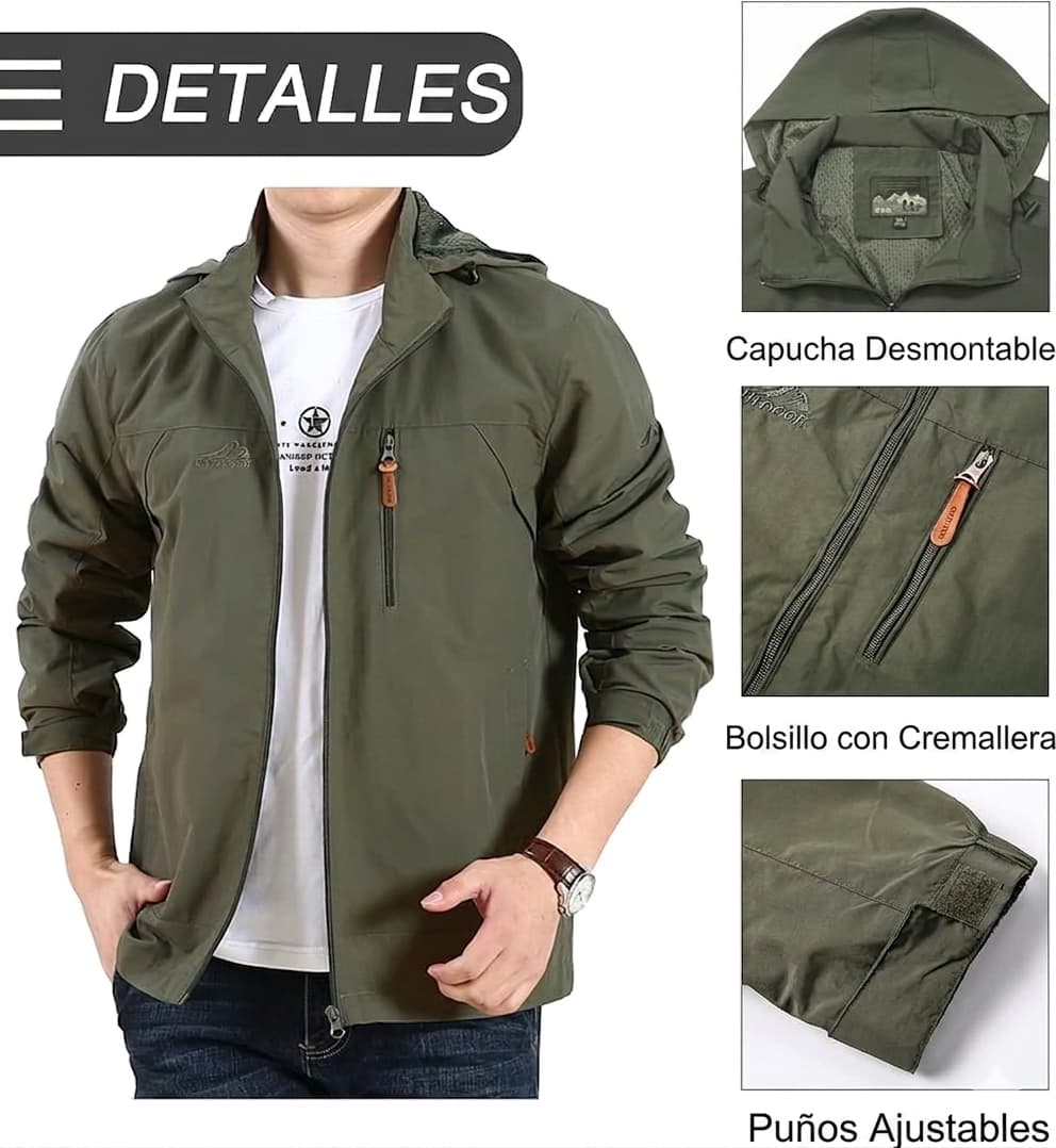Chaqueta Casaca Ligera Cortavientos Verde Militar Capucha Ajustable Verano Camping Senderismo Viajes
