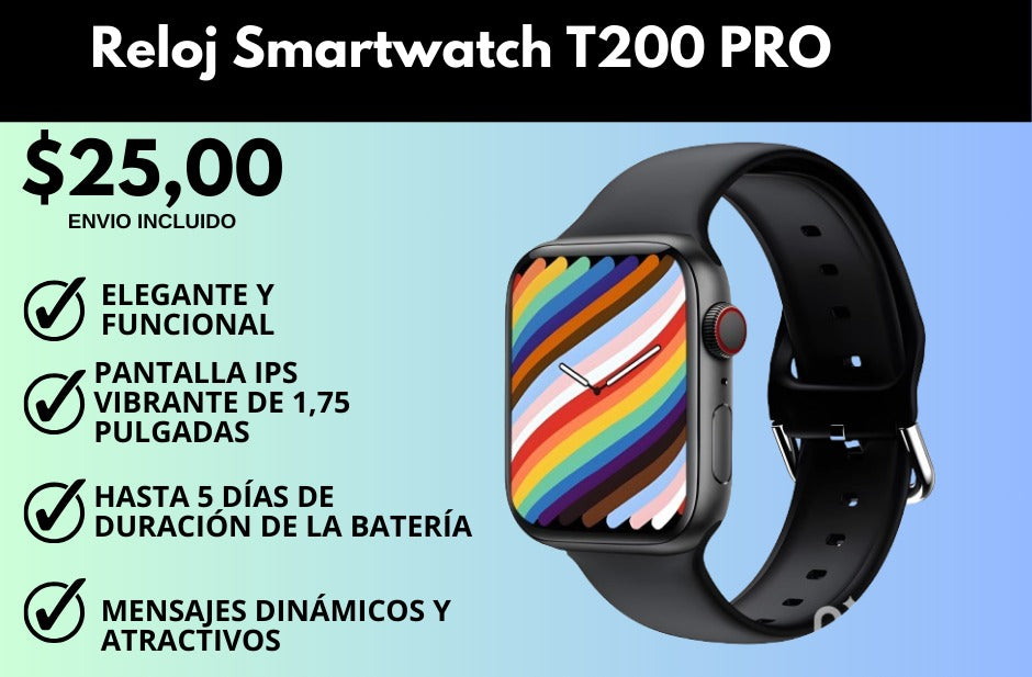 Smartwatch T200 PRO Multifuncional  Medidor Presión Calorías llamadas Blueth