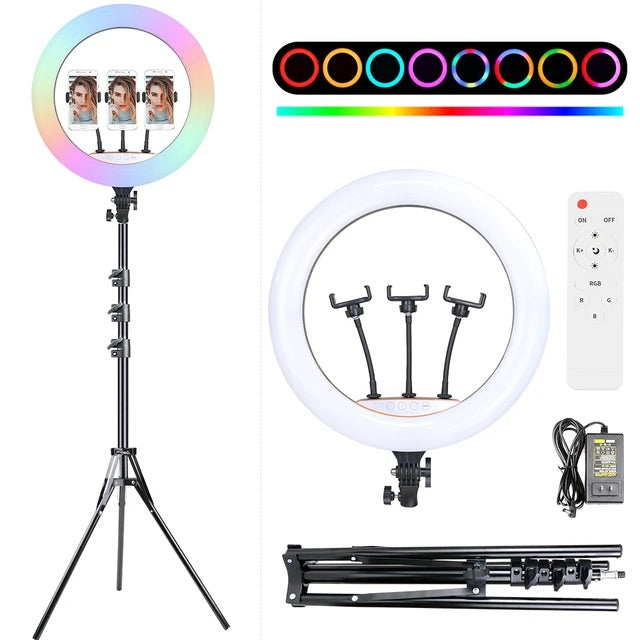 Aro de luz gigante RGB 18” control y pedestal para 3 celulares TikTok videos fotos estudio grabación