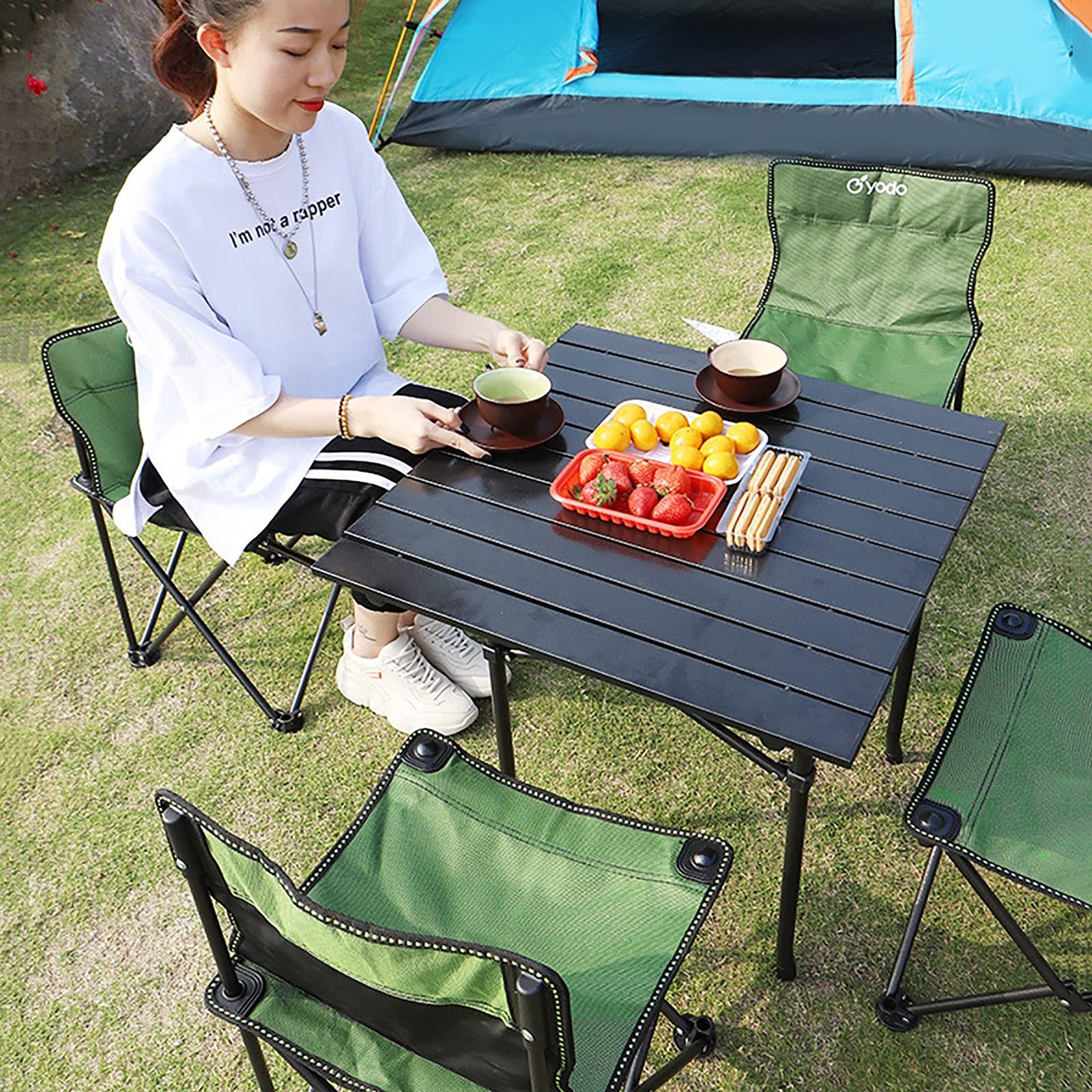 Kit Mesa plegable metálica + 4 sillas plegables + maletín camping viaje picnic playa paseo exterior