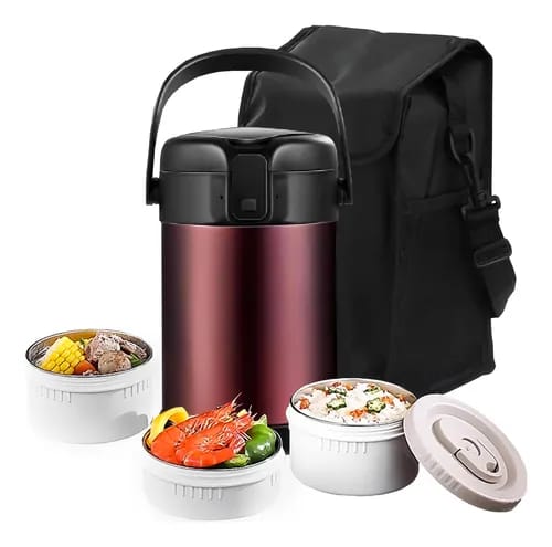 Lonchera portátil multicapa larga duración  2,7 L cap. con estuche de aluminio  acero inoxidable